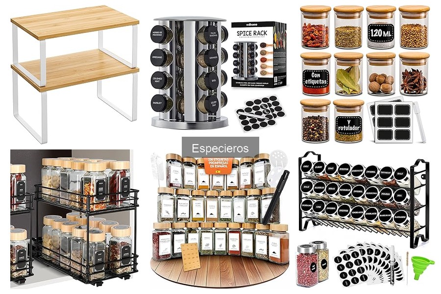 Tipos de especieros: vidrio, madera y acero inoxidable